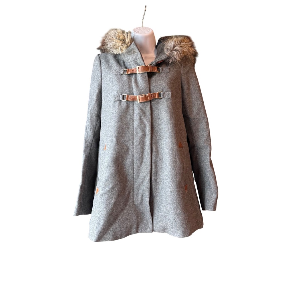 Cartonnier Anthropologie Gray Wool Blend Toggle Coat Faux Fur Hood Size 8